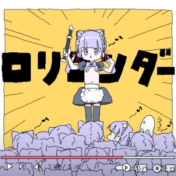 1other 6+girls ^_^ ^q^ animal_ears apron bandaid bandaids_on_nipples black_skirt black_sleeves black_thighhighs blunt_bangs blush_stickers border bow bowtie buta_thunder_(vocaloid) cat_ears clone closed_eyes commentary_request conductor crowd dress emphasis_lines flute hair_ribbon holding holding_instrument instrument lokulo-chan_(lokulo_no_mawashimono) lokulo_no_mawashimono loli long_hair low_twintails lowres multiple_girls odd_one_out original outside_border parody pasties purple_bow purple_bowtie purple_eyes purple_hair recorder red_ribbon ribbon shrug_(clothing) skirt thighhighs title_parody topless_female translation_request twintails user_interface waist_apron whistling white_border yellow_background youtube