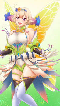 1girl amezuku blonde_hair breasts butterfly_wings fairy fairy_wings fire_emblem fire_emblem_heroes gradient_clothes hair_vines highres insect_wings large_breasts looking_at_viewer nintendo official_alternate_costume open_mouth peony_(cherished_dream)_(fire_emblem) peony_(fire_emblem) plant_hair purple_eyes leotard solo wings