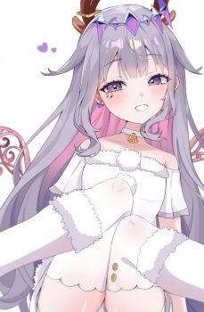 1girl absurdres bare_shoulders bell castellayaki choker colored_inner_hair commentary detached_wings dot_nose earrings fur_trim hair_between_eyes hair_ornament heart highres hololive hololive_english jewel_under_eye jewelry koseki_bijou long_hair looking_at_viewer multicolored_hair official_alternate_costume open_mouth pink_hair pom_pom_(clothes) purple_eyes purple_hair santa_costume short_sleeves sitting smile teeth thighhighs virtual_youtuber white_choker white_santa_costume white_thighhighs wings