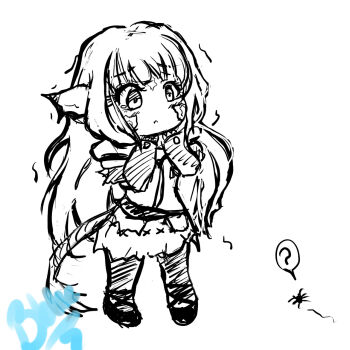 Rule 34 | 1girl, artist name, chibi, female focus, full body, highres, monochrome, signature, solo, spot color, tinyqote, white background