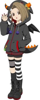 Rule 34 | 1girl, artist request, black boots, black hood, black hoodie, black shorts, black tail, black thighhighs, boots, brown eyes, brown hair, fake horns, fake tail, fake wings, fujibayashi suzu, full body, game cg, halloween, halloween costume, highres, hood, hoodie, horns, long hair, looking at viewer, official alternate costume, official art, open mouth, shorts, single thighhigh, solo, striped clothes, striped thighhighs, tail, tales of (series), tales of asteria, tales of phantasia, thighhighs, third-party source, transparent background, white thighhighs, wings