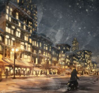 Rule 34 | 1other, 6+others, artist name, black coat, building, city lights, cityscape, coat, full body, lamppost, motor vehicle, motorcycle, multiple others, night, on motorcycle, original, outdoors, people, road, scenery, signature, silhouette, skyscraper, snow, snowing, solo, trench coat, zandra