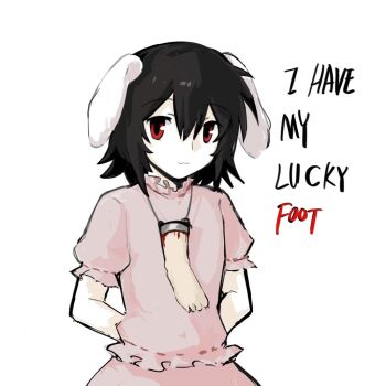 1girl :3 animal_ears arms_behind_back black_hair bleeding blood double-parted_bangs dress english_text feet floppy_ears frills guro hair_between_eyes inaba_tewi jewelry lei_niao3375 light_smile looking_at_viewer necklace pendant pink_dress puffy_short_sleeves puffy_sleeves rabbit_ears red_eyes severed_foot severed_limb short_hair short_sleeves simple_background solo touhou upper_body what white_background