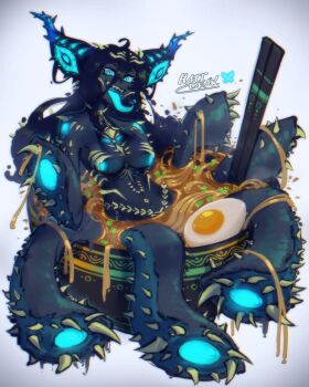 1girl ahoge aqua_eyes aqua_sclera aqua_tongue arm_up artist_name bare_shoulders black_hair black_skin blue_skin bluesky_logo bowl breasts chives chopsticks colored_sclera colored_skin commentary completely_nude english_commentary extra_eyes food full_body gold_trim hardboiled_egg hatidraw highres horns in_food long_hair long_tongue looking_at_viewer medium_breasts monster_girl monster_hunter_(series) monster_hunter_wilds multicolored_skin navel noodles nu_udra nude personification ramen scylla sharp_teeth smile solo stomach teeth tentacle_arm thorns tongue tongue_out two-tone_skin upper_teeth_only white_background