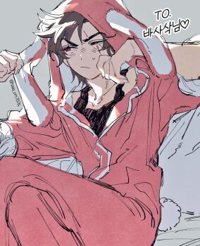 1boy animal_ear_hood animal_ears animification artist_name black_tank_top brown_hair closed_mouth commentary_request crossed_legs fake_animal_ears fake_tail grey_background haaa_om007ls hood hood_up hooded_pajamas kai_(ninjago) korean_commentary long_sleeves looking_to_the_side male_focus ninjago one_eye_closed pajamas rabbit_ears rabbit_tail red_eyes red_pajamas rubbing_eyes scar scar_across_eye scar_on_face short_hair simple_background sitting solo sweat tail tank_top the_lego_group twitter_username