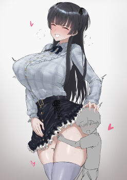 1boy 1girl absurdres age_difference alternate_breast_size_(larger) black_hair black_ribbon black_skirt breasts commentary_request faceless faceless_male gradient_background grey_shirt grey_thighhighs hair_ribbon heart hetero highres huge_breasts idolmaster idolmaster_shiny_colors long_hair mayuzumi_fuyuko onee-shota plaid_clothes plaid_shirt ribbon shirt shirt_tucked_in shota simple_background skindentation skirt sweat thick_thighs thighhighs thighs torishu_(kumataka_4867) two_side_up very_long_hair