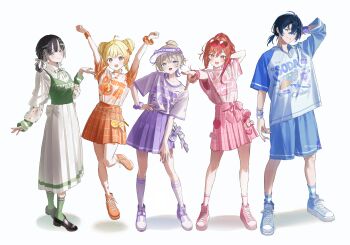 1girl 5girls ahoge arm_up arms_up black_hair blonde_hair blue_eyes blue_hair blue_shoes blue_shorts blue_socks blush bow braid clenched_teeth closed_mouth clothes_writing collarbone collared_shirt double_bun eyewear_on_head food food_print fruit full_body gradient_hair green_socks hair_bun hair_ornament hair_rings hair_scrunchie hand_on_own_hip heart heart-shaped_eyewear highres hiodoshi_ao hiodoshi_ao_(holonatsu_paradise) hololive hololive_dev_is ice_cream ice_cream_print ichijou_ririka ichijou_ririka_(holonatsu_paradise) juufuutei_raden juufuutei_raden_(holonatsu_paradise) kneehighs loafers long_sleeves looking_at_viewer multicolored_hair multiple_girls multiple_views nail_polish open_mouth orange_skirt otonose_kanade otonose_kanade_(holonatsu_paradise) pink-framed_eyewear pink_hair pink_nails pink_scrunchie plaid_clothes plaid_skirt planetzer_0 pleated_skirt ponytail print_shirt purple_eyes purple_hair purple_nails purple_scrunchie purple_skirt scrunchie see-through_clothes see-through_sleeves shirt shoes short_hair short_sleeves shorts simple_background skirt smile sneakers socks standing strawberry streaked_hair t-shirt teeth todoroki_hajime todoroki_hajime_(holonatsu_paradise) twin_braids v vest virtual_youtuber white_background white_bow white_shirt white_skirt white_socks wrist_scrunchie wristband
