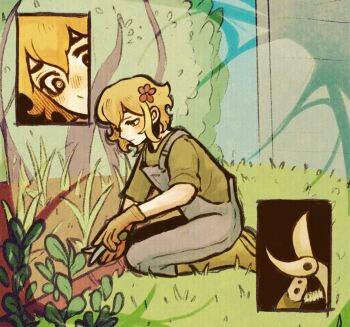 Rule 34 | 1boy, alternate eye color, basil (faraway) (omori), basil (omori), black eyes, blonde hair, blue overalls, boots, brown boots, brown gloves, closed mouth, flower, gardening, gardening shears, gloves, green shirt, hair flower, hair ornament, highres, male focus, omori, ottie pops, outdoors, overalls, rubber boots, shears, shirt, short hair, sidelocks, solo