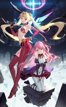 2girls :d above_clouds aimi_hada arch armor asymmetrical_legwear bare_shoulders black_bow black_bowtie black_collar black_footwear black_gloves black_panties blonde_hair blue_wings bow bowtie braid breasts bridal_gauntlets cloud collar commentary debris detached_sleeves detached_wings diffraction_spikes dress elbow_gloves electricity endou_lily floating floating_castle floating_hair flying frilled_dress frills gloves glowing glowing_crystal gold_armor gradient_wings hair_bow hair_intakes halo high_heels highres jewelry kneeling layered_dress leg_tattoo long_hair multicolored_wings multiple_girls navel night night_sky open_mouth panties pantyhose parted_lips pillar pink_hair pink_wings puffy_sleeves purple_dress red_collar red_eyes red_gloves red_thighhighs revealing_clothes ring sedai_one shin_strap sideboob siino single_leg_pantyhose single_thighhigh skin_tight skindentation sky small_breasts smile space sparkle stomach tattoo teeth thighhighs tiara twitter_username two_side_up underwear uneven_legwear upper_teeth_only virtual_youtuber white_pantyhose wings