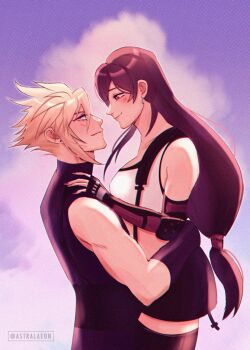 1boy 1girl artist_name astrakamii bare_shoulders black_gloves black_hair black_skirt black_thighhighs blonde_hair blue_eyes blush breasts closed_mouth cloud_strife commentary couple cowboy_shot crop_top earrings elbow_gloves english_commentary eye_contact face-to-face final_fantasy final_fantasy_vii final_fantasy_vii_remake fingerless_gloves from_side gloves hair_between_eyes hand_on_another's_back hand_on_another's_shoulder hetero jewelry lifting_person long_hair looking_at_another low-tied_long_hair medium_breasts midriff miniskirt outdoors profile purple_sky red_eyes short_hair single_arm_guard skirt sky sleeveless sleeveless_turtleneck smile spiked_hair stud_earrings suspender_skirt suspenders sweater tank_top thighhighs tifa_lockhart turtleneck turtleneck_sweater white_tank_top zettai_ryouiki