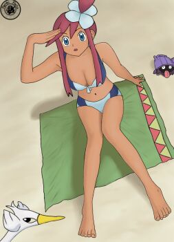 1girl adapted_costume arm_at_side armpit_crease artist_logo barefoot beach bikini blue_bikini blue_eyes breasts cleavage collarbone day eyelashes fankifalu feet female_focus fingernails focused from_above front-tie_bikini_top front-tie_top full_body gen_1_pokemon gen_5_pokemon gym_leader hair_between_eyes hair_bun hair_ornament hand_up knees_together_feet_apart large_breasts legs logo long_hair long_sidelocks looking_afar midriff navel nintendo open_mouth orange_hair outdoors pokemon pokemon_(creature) pokemon_bw shellder sidelocks sitting skyla_(pokemon) summer swanna swept_bangs swimsuit tan thighs toenails toes