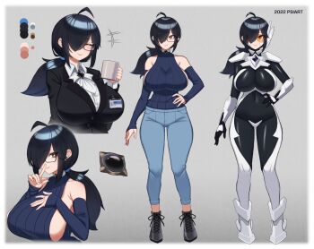 +++ 1girl :> ^_^ ahoge arm_guards armor artist_name ascot bare_shoulders black-framed_eyewear black_bodysuit black_gem black_shoes black_suit blue_pants blue_sweater bodysuit breast_suppress breasts brooch brown_eyes closed_eyes closed_mouth collared_shirt color_guide commentary commission covered_navel cropped_torso crotch_plate cup dated denim detached_sleeves dress_shirt english_commentary formal_clothes full_body gem glasses grey_background hair_over_one_eye hair_tie hand_on_own_chest hand_on_own_hip highres holding holding_cup huge_breasts id_card impossible_bodysuit impossible_clothes index_finger_raised jeans jewelry julie_(ravionstuff) lapels large_breasts long_hair looking_at_viewer mug multiple_views no_bra notched_lapels orange-tinted_eyewear orange_visor original pants ponytail psidubs reference_sheet ribbed_sweater semi-rimless_eyewear shirt shoes shoulder_armor sideboob sleeveless sleeveless_sweater sleeves_past_wrists smile standing suit sweater thigh_gap tinted_eyewear tokusatsu tsurime upper_body variations white_ascot white_bodysuit white_shirt