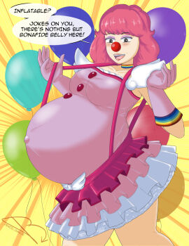 1girl ace_attorney blush breasts capcom choker clown_girl clown_nose eyeshadow female_focus frilled_skirt frills geiru_toneido gloves highres large_breasts makeup pauldrons pencil-junkie phoenix_wright:_ace_attorney_-_spirit_of_justice pink_hair pregnant rainbow short_hair shoulder_armor skirt solo speech_bubble suspenders