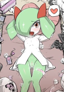 1girl aftersex bed blush cleft_of_venus colored_skin condom condom_wrapper controller cum cum_in_pussy fang game_controller gen_3_pokemon green_hair green_skin hair_over_one_eye heart heart_in_mouth horns kirlia loli looking_at_viewer lying mizone multicolored_skin navel nintendo on_back on_bed open_mouth pink_eyes pokemon pokemon_(creature) pussy sidelocks smile sweat tissue_box two-tone_skin used_condom white_skin