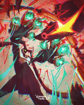 2boys absurdres alien ben_10 ben_10:_omniverse black_skin chromatic_aberration colored_skin commentary electricity enagatori_38 energy energy_ball english_commentary feedback_(ben_10) fighting glowing green_eyes grin highres leotard malver_(ben_10) multiple_boys no_humans omnitrix open_mouth signature smile solo teeth upside-down weapon white_leotard