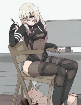 1boy 1girl artist_glove bdsm black_nails bodysuit bondage bound breasts chair femdom gagged glasses gloves grey_bodysuit humiliation indie_virtual_youtuber long_hair medium_breasts nervous_smile non-web_source partially_fingerless_gloves red_eyes saruei_(vtuber) scat sitting slave smile solo_focus submission thighhighs thighs toilet virtual_youtuber