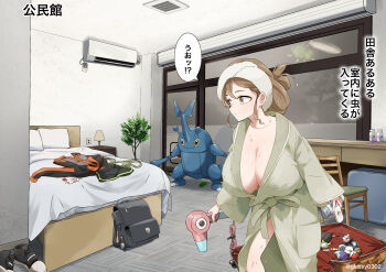 1girl absurdres air_conditioner backpack bag bathrobe bed bewear black_bag black_jacket black_shoes black_shorts blanket bottle bra breasts brown_hair cable cellphone chair cleavage commentary_request desk_lamp electrical_outlet eyelashes gen_2_pokemon gen_4_pokemon gen_7_pokemon glassy0302 green_bra green_robe grey_eyes hair_dryer hair_ornament heracross highres holding holding_bottle holding_hair_dryer huge_breasts indoors jacket kuraishi_ringo_(glassy0302) lamp leaf luxury_ball medium_hair milk_bottle moomoo_milk nightstand nintendo open_suitcase original phone pillow plant poke_ball poke_ball_(basic) pokemon pokemon_(creature) pokemon_scarlet_and_violet potion_(pokemon) potted_plant premier_ball robe rotom rotom_phone shoes shorts sidelocks smartphone speech_bubble spinarak suitace tera_orb towel towel_on_head translation_request tree twitter_username underwear unworn_bra unworn_hair_ornament unworn_jacket unworn_shoes unworn_shorts vent_(object) wet window