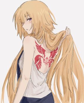 1girl back back_tattoo backless_outfit backless_shirt black_necktie blush command_spell fate/apocrypha fate_(series) from_behind highres jeanne_d&#039;arc_(fate) jeanne_d&#039;arc_(girl_from_orleans)_(fate) long_hair necktie nekwnek purple_eyes shirt simple_background solo tattoo very_long_hair white_background white_shirt