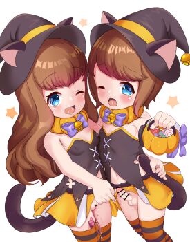 1boy 1girl animal_ears arm_around_waist bar_censor bare_shoulders bell black_shirt black_sleeves blue_eyes blush bow bowtie breasts brother_and_sister brown_hair candy cat_ears cat_tail censored cleft_of_venus clothes_lift commission controller covered_erect_nipples cowboy_shot cum cum_string detached_collar detached_sleeves dutch_angle erection erin_(nokino) fake_animal_ears fake_tail fang food halloween halloween_bucket hand_up happy hat hetero highres incest jingle_bell kodomo_doushi korin_(nokino) lifting_another's_clothes lifting_own_clothes loli lollipop long_hair long_sleeves looking_at_viewer miniskirt navel neck_bell no_panties nokino object_insertion one_eye_closed open_mouth orange_skirt orange_thighhighs original paw_print paw_print_pattern penis pixiv_commission purple_bow purple_bowtie pussy pussy_juice remote_control remote_control_vibrator saliva sex_toy shirt short_hair shota siblings sidelocks simple_background skin_fang skindentation skirt skirt_lift small_breasts small_penis smile standing star_(symbol) strapless strapless_shirt striped_clothes striped_thighhighs swept_bangs tail tears testicles thighhighs twincest twins vaginal vaginal_object_insertion vibrator vibrator_cord wet wet_clothes white_background wince witch witch_hat