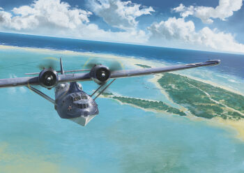 aircraft airplane blue_sky cloud cloudy_sky day edouard_groult flying_boat highres horizon island no_humans ocean original painterly scenery seaplane sky vehicle_focus water world_war_ii