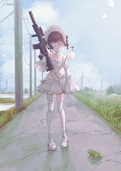 1girl absurdres ankle_strap assault_rifle bag black_hair blunt_bangs bonnet bow bowtie chinstrap cloud commentary_request corset dress drill_hair eyepatch farm footwear_bow frilled_bonnet frilled_dress frilled_eyepatch frilled_thigh_strap frills frog full_body grass grey_eyes grey_sky gun hand_up heart heart_eyepatch highres holding holding_gun holding_weapon horizon lolita_fashion long_sleeves looking_at_viewer one_eye_covered open_mouth original outdoors power_lines rice_paddy rifle road rural sanou shoes short_dress short_hair shoulder_bag sky smile solo standing strappy_heels thigh_strap thighhighs twin_drills utility_pole weapon weapon_request white_bag white_bonnet white_bow white_bowtie white_corset white_shoes white_thighhighs wide_sleeves