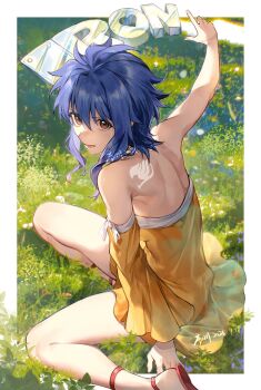 1girl artist_name bare_shoulders blue_hair border brown_eyes commentary dated detached_sleeves dress fairy_tail fairy_tail_logo grasslands highres levy_mcgarden lower_teeth_only on_grass open_mouth outside_border red_sandals sandals single_sleeve sitting solo strapless strapless_dress teeth white_border xuchuan yellow_dress yokozuwari