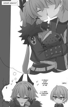 &gt;_&lt; 1boy 1girl :d absurdres broken_wall caesar_king_(zenless_zone_zero) closed_eyes empty_eyes english_text expressionless heart highres hug imagining kiss namikare open_mouth shaded_face smile speech_bubble thought_bubble wise_(zenless_zone_zero) xd zenless_zone_zero