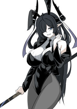 1girl absurdres adapted_costume ahoge animal_ears arknights bare_shoulders black_hair black_jacket black_leotard black_necktie black_pantyhose blue_eyes blunt_bangs breasts choebal1356201 collared_shirt commentary_request cowboy_shot cropped_jacket demon_horns earrings fake_animal_ears hair_over_one_eye highres holding holding_polearm holding_weapon horns jacket jewelry leotard long_bangs long_hair long_sleeves looking_at_viewer necktie pale_skin pantyhose parted_lips playboy_bunny pointy_ears polearm qalaisa_(arknights) rabbit_ears shirt simple_background sleeveless sleeveless_shirt solo very_long_hair weapon white_background white_shirt
