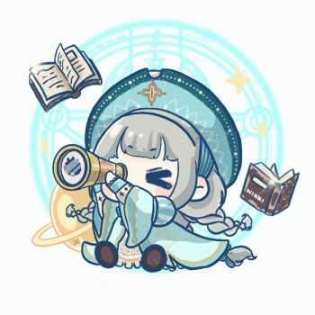 &gt;_o 1girl animated animated_gif aqua_robe black_boots black_eyes blinking blue_hat blue_ribbon blush_stickers boots braid chibi dress eyelashes fringe_trim grey_hair hair_ornament hair_ribbon hat holding holding_telescope juliet_sleeves lace-trimmed_sleeves lace_trim long_dress long_hair long_sleeves looking_through_scope looping_animation low_twin_braids magic_circle nikki_(series) one_eye_closed planet planetary_ring puffy_sleeves ribbon robe shining_nikki simple_background sitting solid_oval_eyes solo sparkle star_(symbol) star_fairytale_(shining_nikki) star_hair_ornament telescope twin_braids vertical-striped_sleeves very_long_hair white_background white_dress wide_sleeves xiaoyu_qixing