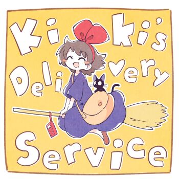 Rule 34 | 1girl, :d, ^ ^, absurdres, animal, asameshi, bag, black cat, blush stickers, border, bow hairband, broom, broom riding, brown hair, brown shoes, cat, closed eyes, commentary, copyright name, dress, full body, hairband, highres, jiji (majo no takkyuubin), kiki (majo no takkyuubin), majo no takkyuubin, open mouth, outline, purple dress, red hairband, shoes, short hair, short sleeves, sitting, smile, white border, white outline, wide sleeves, yellow background