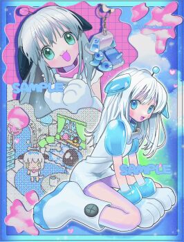 1girl 2000s_(style) animal_ears animal_hands blue_eyes blush bone boots borrowed_character bracelet charm_(object) collar commentary_request commission cyber_fashion dog_ears dog_girl dress head_tilt heisei_retro highres jewelry long_hair looking_at_viewer multiple_views non-humanoid_robot open_mouth original pallas_(lapithai) poin_(goruchopame) poo-chi robot robot_animal robot_dog robot_ears robot_girl sample_watermark science_fiction sega sitting skeb_commission tenshi_kaiwai watermark white_dress white_hair