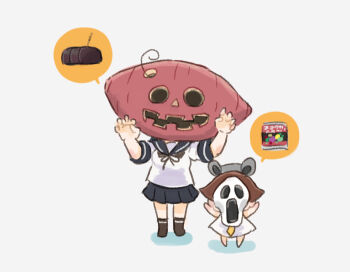 2girls ahoge blue_sailor_collar blue_skirt cosplay food ghostface ghostface_(cosplay) halloween_costume kantai_collection looking_at_viewer mask multiple_girls pleated_skirt saiguchi_otoufu sailor_collar school_uniform scream_(movie) serafuku simple_background skirt standing sweet_potato translation_request ushio_(kancolle) white_background yukikaze_(kancolle)