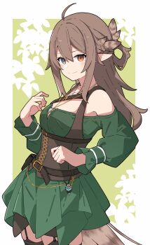 1girl absurdres ahoge bare_shoulders blush breasts brown_corset brown_hair closed_mouth commentary corset dress english_commentary eyelashes feather_hair_ornament feathers green_dress grey_eyes hair_between_eyes hair_ornament heterochromia highres indie_virtual_youtuber kumi_(vtuber) long_hair long_sleeves mikokomiyazawa orange_eyes pointy_ears second-party_source sidelocks smile solo virtual_youtuber