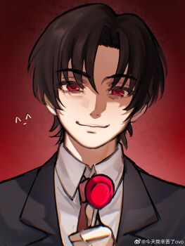 1boy black_jacket boku_dake_ga_inai_machi brown_hair candy closed_mouth collared_shirt commentary_request food highres holding holding_candy holding_food holding_lollipop jacket jintian_wo_xinkule lollipop looking_at_viewer male_focus necktie red_background red_eyes red_necktie shirt short_hair smile solo upper_body white_shirt yashiro_gaku