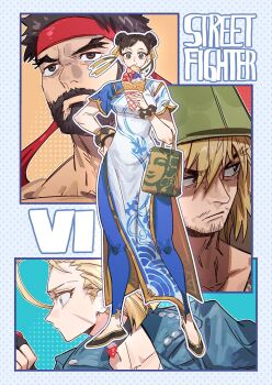 2boys 2girls bag black_hair blonde_hair blue_eyes blue_jacket blue_pants bracelet breasts brown_eyes brown_hair cammy_white capcom china_dress chinese_clothes chun-li closed_mouth commentary copyright_name crepe double_bun dress earrings eating facial_hair facial_scar food full_body hair_between_eyes hair_bun hair_ribbon hand_on_own_hip headband highres holding holding_bag holding_crepe holding_food hood hoodie jacket jewelry ken_masters looking_at_viewer medium_breasts multiple_boys multiple_girls pants paper_bag pearl_earrings red_headband ribbon ryu_(street_fighter) scar scar_on_cheek scar_on_face short_hair short_sleeves starbucks straight-on street_fighter street_fighter_6 upper_body yoga_pants yumi_xsh