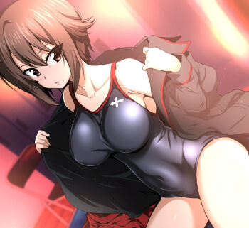 Rule 34 | 10s, 1girl, black one-piece swimsuit, blouse, blurry, breasts, brown eyes, brown hair, chair, collarbone, competition school swimsuit, covered navel, cowboy shot, depth of field, dutch angle, female focus, folding chair, girls und panzer, hair between eyes, kuromorimine military uniform, large breasts, locker, locker room, nakahira guy, new school swimsuit, nishizumi maho, off shoulder, one-piece swimsuit, open clothes, open shirt, parted lips, school swimsuit, shirt, short hair, sitting, solo, swimsuit, swimsuit under clothes, taut clothes, taut swimsuit, undressing