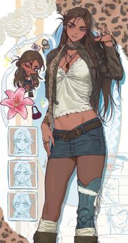 1girl absurdres alien_stage alternate_costume animal_print black_jacket black_pantyhose bow bracelet camera commentary cosmetics dark-skinned_female dark_skin denim denim_skirt earrings english_commentary floating_earrings flower grey_eyes half_updo hand_mirror highres hyuna_(alien_stage) jacket jewelry katsksiii lace leather leather_jacket leopard_print lily_(flower) lipstick_tube long_hair looking_to_the_side miniskirt mirror navel necklace pantyhose pink_flower prosthesis prosthetic_leg scarf skirt socks solo tank_top tongue tongue_out very_long_hair white_bow white_socks white_tank_top