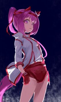 1girl animal_ears bow breasts buruma ear_bow ear_covers fingerless_gloves flower-shaped_pupils flower_in_eye gloves haru_urara_(bestest_prize)_(umamusume) haru_urara_(umamusume) headband highres horse_ears horse_girl horse_tail inishie_kumo jacket long_hair looking_at_viewer open_clothes open_jacket parted_lips pink_buruma pink_eyes pink_hair pink_headband ponytail red_buruma red_gloves red_headband shirt solo symbol-shaped_pupils symbol_in_eye tail umamusume white_jacket white_shirt