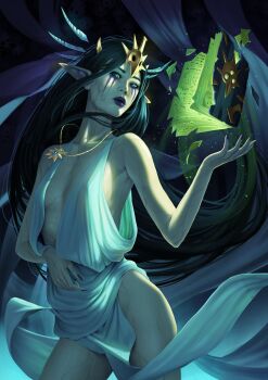 Rule 34 | absurdres, arabor, asian, black hair, blue eyes, book, breasts, colored skin, commentary, commission, cowboy shot, english commentary, eyelashes, fingernails, floating hair, glowing, headpiece, highres, jewelry, long fingernails, long hair, loose clothes, magic, makeup, necklace, pelvic curtain, pointy ears, purple lips, purple nails, revealing clothes, small breasts, tunic, veins, veiny arms, veiny breasts, veiny face, veiny hands, veiny legs, veiny neck, veiny thighs, very long hair, white skin, white tunic