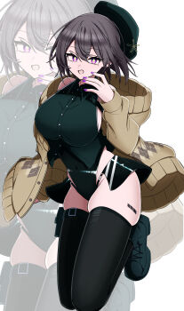 1girl :d absurdres beret black_leotard black_thighhighs boots breasts brown_cardigan brown_hair cardigan character_background collared_shirt commentary_request covered_navel floating full_body green_boots green_shirt gunjou_desu! hair_between_eyes hand_on_own_cheek hand_on_own_face hat highleg highleg_leotard highres lace-up_boots large_breasts leotard long_sleeves looking_at_viewer medium_hair nail_polish open_cardigan open_clothes open_mouth original purple_eyes purple_nails shirt short_hair sideboob skindentation sleeveless sleeveless_shirt smile star-shaped_pupils star_(symbol) swept_bangs symbol-shaped_pupils thick_thighs thigh_strap thighhighs thighs tsurime white_background