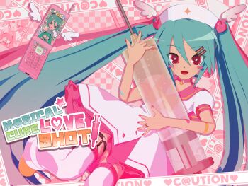 1girl 3d absurdres animasa_model_(mikumikudance) bandaid bandaid_on_arm bandaid_on_face blue_hair bow bowtie brown_eyes cellphone cowboy_shot dress fang flip_phone food hachune_miku hair_between_eyes hair_ornament hat hatsune_miku heart heart_hair_ornament highres holding holding_food holding_spring_onion holding_syringe holding_vegetable kio_(majin_kz) large_syringe long_hair looking_at_viewer low_poly m@gical_cure!_love_shot!_(vocaloid) mikumikudance_(medium) nurse nurse_cap one_eye_closed open_mouth oversized_object phone puffy_short_sleeves puffy_sleeves short_sleeves simple_background skin_fang smile solo song_name sparkling_eyes spring_onion standing syringe thighhighs twintails variant_set vegetable vocaloid white_background white_dress wings yellow_bow yellow_bowtie