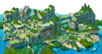 1boy 2026 abandoned absurdres animal brown_hat brown_pants commentary_request crosswalk dilapidated dolphin floor hat highres lamppost original overgrown pants plant post-apocalypse railroad_tracks ruins shirt signature solo swing tokyogenso train vines water white_shirt