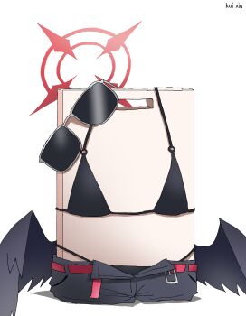 absurdres artist_name belt bikini bikini_bottom_under_shorts bikini_under_clothes black_bikini black_shorts black_wings blue_archive cutting_board halo highres ichika_(blue_archive) ichika_(swimsuit)_(blue_archive) kai_xin low_wings no_humans official_alternate_costume open_belt open_clothes open_shorts red_belt red_halo short_shorts shorts simple_background sunglasses swimsuit white_background wings