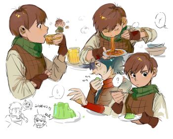 1girl 2boys ? alcohol anger_vein armor bandana beer black_eyes blue_hair bowl brown_gloves brown_hair brown_vest cake cake_slice chilchuck_tims chopsticks claws closed_eyes closed_mouth commentary cup drinking_glass dungeon_meshi eating english_commentary fangs fingerless_gloves food food_on_face gelatin gloves green_bandana green_eyes hair_between_eyes hand_up hands_up highres holding holding_cake holding_chopsticks holding_food holding_plate holding_spoon imminent_bite izutsumi kugai697139 laios_touden long_sleeves looking_at_food looking_at_viewer multiple_boys multiple_views noodles open_mouth plate red_bandana sad sharp_teeth shirt short_hair simple_background sparkle spoken_question_mark spoken_sweatdrop spoon sweatdrop tan tearing_up teeth upper_body vest white_background white_shirt