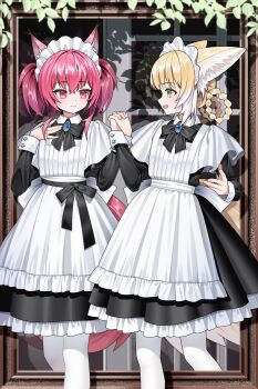 2girls absurdres alternate_costume animal_ear_fluff animal_ears apron arknights black_dress blonde_hair braid braided_hair_rings brooch chinese_commentary closed_mouth colored_tips commentary_request dress enmaided fox_ears fox_girl fox_tail frilled_dress frills green_eyes hair_rings highres holding_hands interlocked_fingers jewelry long_sleeves maid maid_apron maid_headdress multicolored_hair multiple_girls open_mouth pantyhose purple_eyes shamare_(arknights) short_hair suzuran_(arknights) tail twin_braids twintails two-tone_hair white_apron white_hair white_pantyhose zhengqi_zhizi_sg