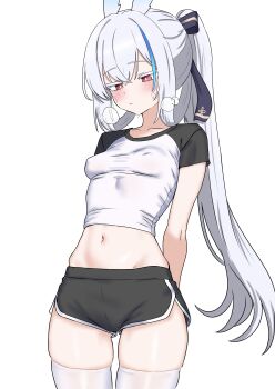 1girl absurdres animal_ears black_shorts blue_hair blush breasts breath bright_pupils commentary_request covered_erect_nipples cropped_shirt dolphin_shorts grey_hair highres len_(maplestory) long_hair looking_down maplestory midriff multicolored_hair navel no_bra oldsickkim ponytail rabbit_ears raglan_sleeves red_eyes short_shorts short_sleeves shorts sidelocks simple_background skindentation small_breasts solo stomach streaked_hair thighhighs thighs two-tone_hair two-tone_shirt very_long_hair white_background white_pupils white_thighhighs