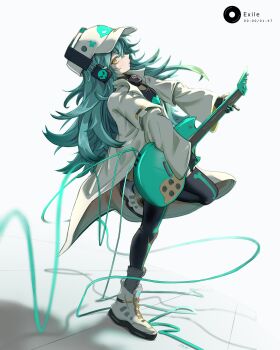 1girl absurdres antonina_(neural_cloud) black_dress black_gloves black_shirt boots coat commentary dress earphones electric_guitar english_commentary expressionless from_side full_body girls&#039;_frontline girls&#039;_frontline_neural_cloud gloves green_hair guitar hat highres holding holding_guitar holding_instrument instrument long_hair looking_at_viewer lotan messy_hair music open_clothes open_coat open_mouth playing_guitar playing_instrument shirt skull_print solo standing standing_on_one_leg thighhighs very_long_hair white_coat yellow_eyes