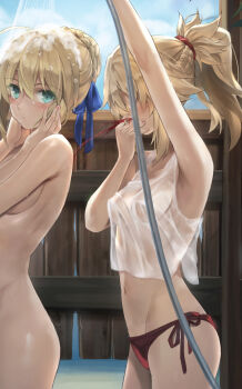 2girls arm_up armpits aroused_nosebleed artoria_pendragon_(fate) bikini bikini_bottom_only blood blood_spray blue_bow blue_sky bow braid breasts bun_with_braided_base closed_mouth cloud commentary_request completely_nude cowboy_shot crop_top curvy day double-parted_bangs faceless faceless_female fate/grand_order fate_(series) fence from_side hair_between_eyes hair_bow hair_bun hair_ornament hair_scrunchie half_up_braid hand_on_own_nose hand_up hands_on_own_cheeks hands_on_own_face highres hose incest large_breasts long_bangs long_hair looking_at_another looking_at_viewer looking_back midriff mordred_(fate) mordred_(swimsuit_rider)_(fate) mordred_(swimsuit_rider)_(first_ascension)_(fate) mother_and_daughter multiple_girls navel no_bra nosebleed nude outdoors ponytail red_bikini red_scrunchie saber_(fate) same-sex_bathing scrunchie see-through_tank_top shared_bathing showering side-tie_bikini_bottom single_hair_bun sky standing steam swimsuit tank_top tonee turning_head water water_drop wet wet_clothes wet_hair white_tank_top wooden_fence yuri