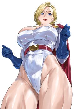 1girl absurdres belt blonde_hair blue_eyes blue_gloves breasts cape cleavage_cutout clothing_cutout commentary_request covered_navel dc_comics from_below gloves highleg highleg_leotard highres large_breasts leotard looking_at_viewer power_girl red_belt red_cape short_hair simple_background sleeved_leotard solo superhero_costume taiyang_yu toned toned_female white_background white_leotard