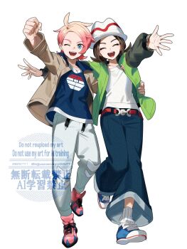1boy 1girl :d ^_^ arm_around_back arm_up belt blonde_hair blue_eyes blue_shirt brown_hair brown_jacket clenched_hand closed_eyes commentary_request denim facing_viewer gradient_hair green_jacket harmony_(pokemon) hat highres jacket jeans looking_at_viewer multicolored_hair ninahachi nintendo one_eye_closed open_mouth pants pink_hair pokemon pokemon_legends:_z-a red_belt shirt short_hair smile teeth upper_teeth_only urbain_(pokemon) watermark white_hat white_pants white_shirt